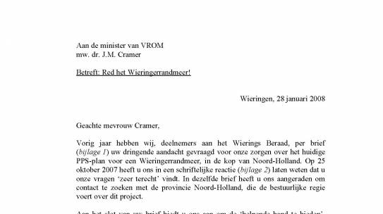 Wierings Beraad doet opnieuw beroep op minister Cramer